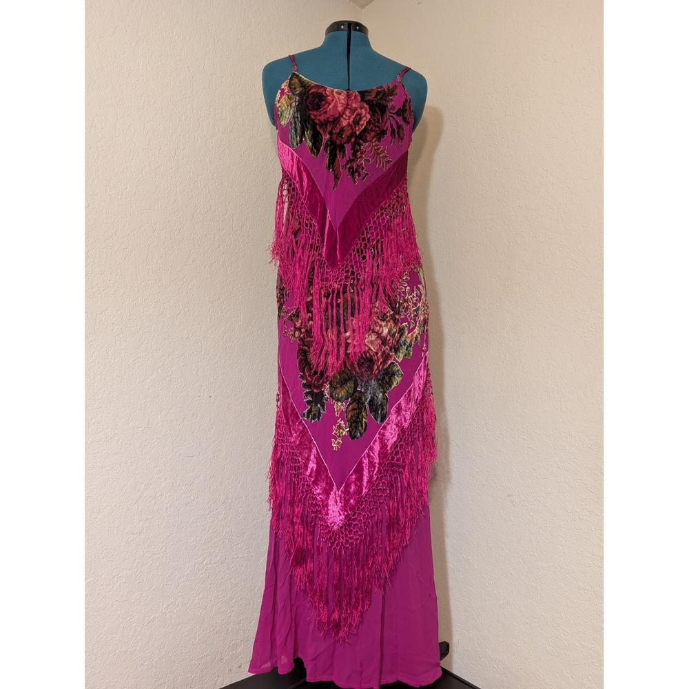 Aris A Fuschia Pink Silk Floral Burnout Velvet Fringe Maxi Dress Medium NWT
